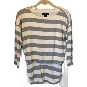 White House Black Mkt XXS 3/4 sleeve Gray and White Striped Cinched Shirt